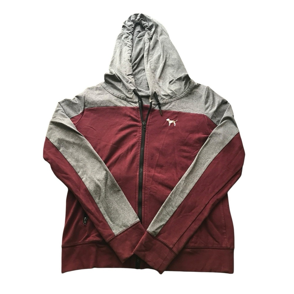 PINK Victoria's Secret Pink Logo Full Zip Up Hoodie Jacket Red Gray Size M